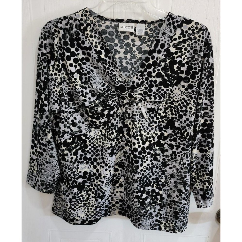 Chicos Stretch Blouse Top Twist V Neck 3/4 Sleeve Black White Polka Dot Sz 2 (L)